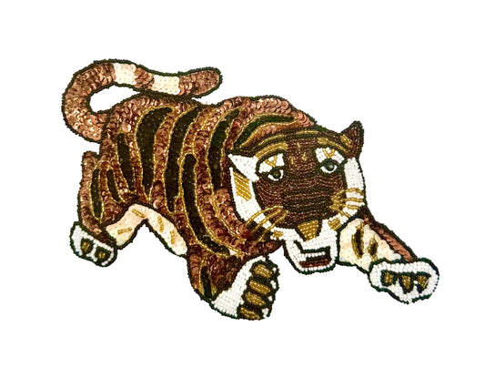 Sequin and bead tiger on a white background
