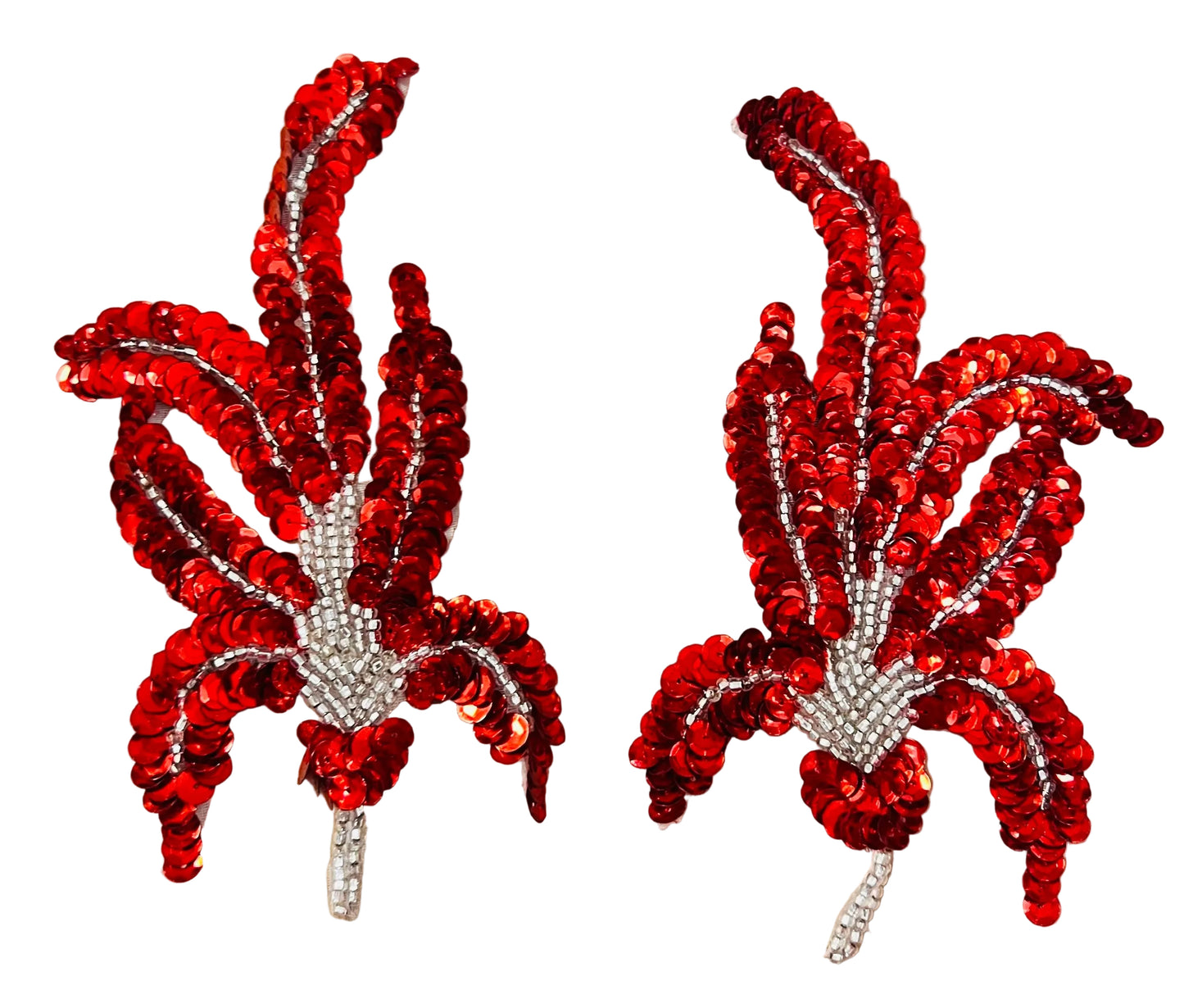 Designer Motif Flower Appliqués Choice of  Pair or Single with Red Sequins and Silver Beads 3" x 6"