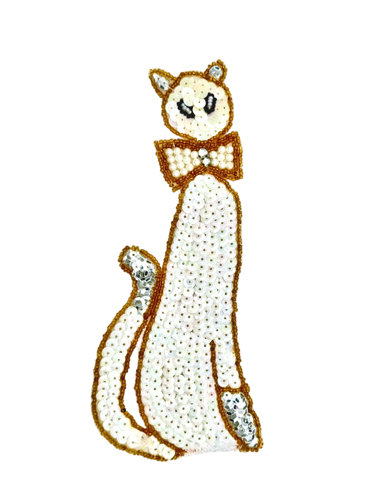 Vintage sequin and bead cat patch on a white background