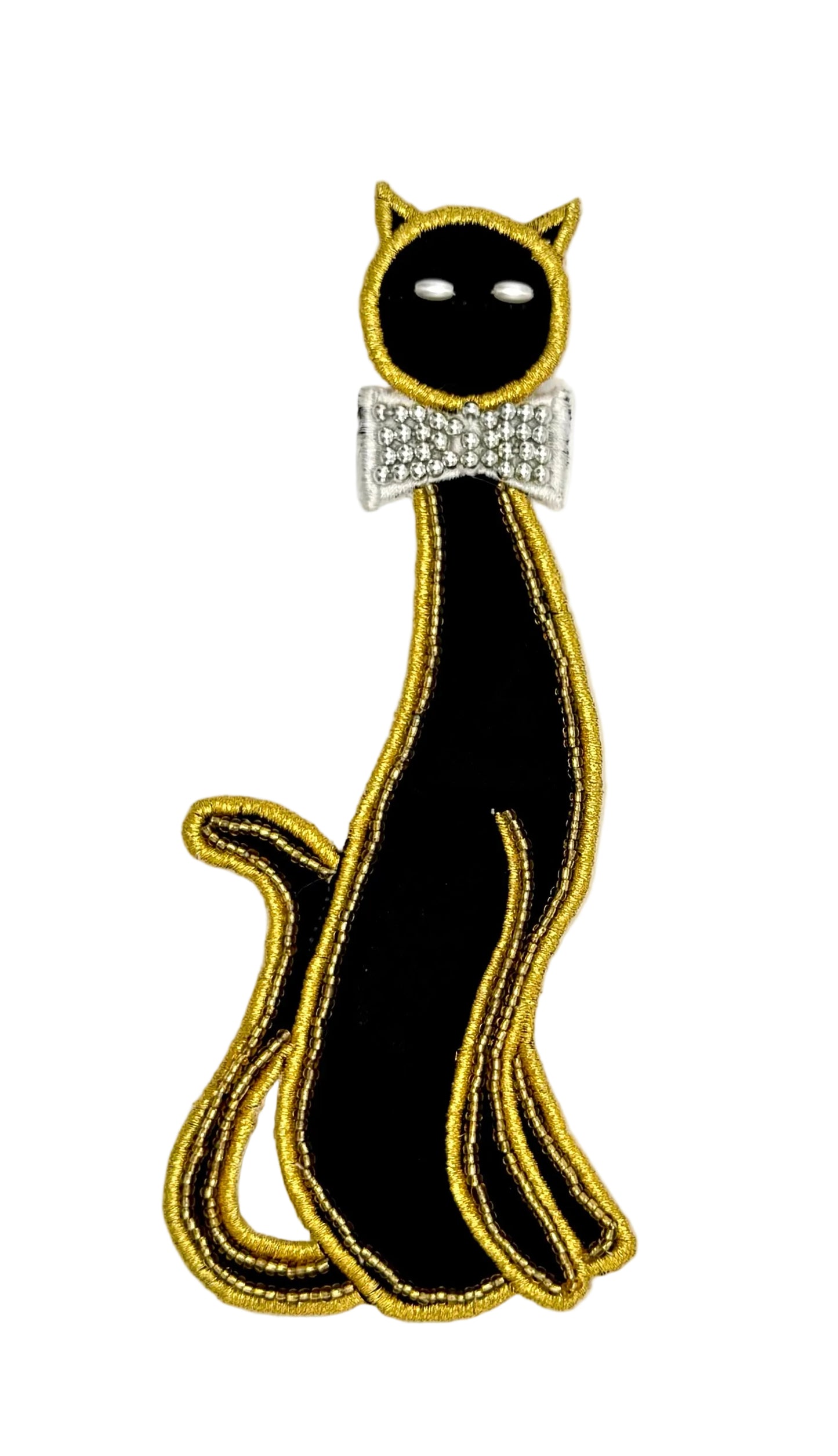 Embroidered fabric and bead black cat on a white background