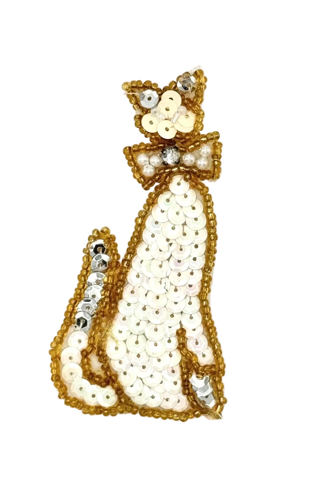 Vintage sequin and bead cat patch on a white background