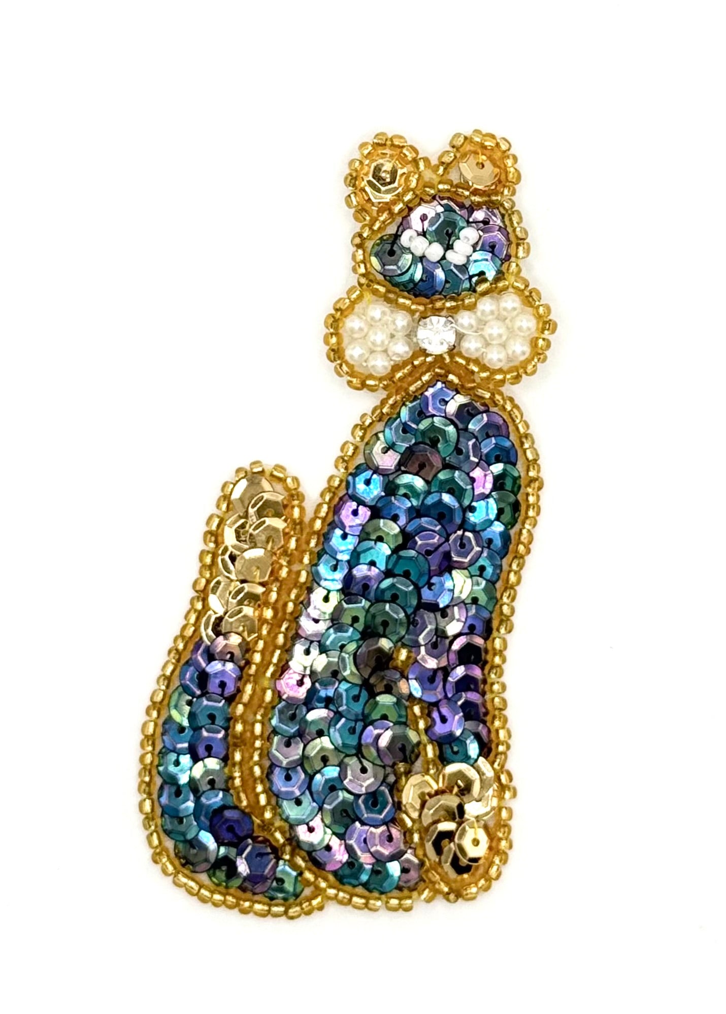 Cat - Moonlight and Gold Sequins and Beads 3.75” x 1.75”