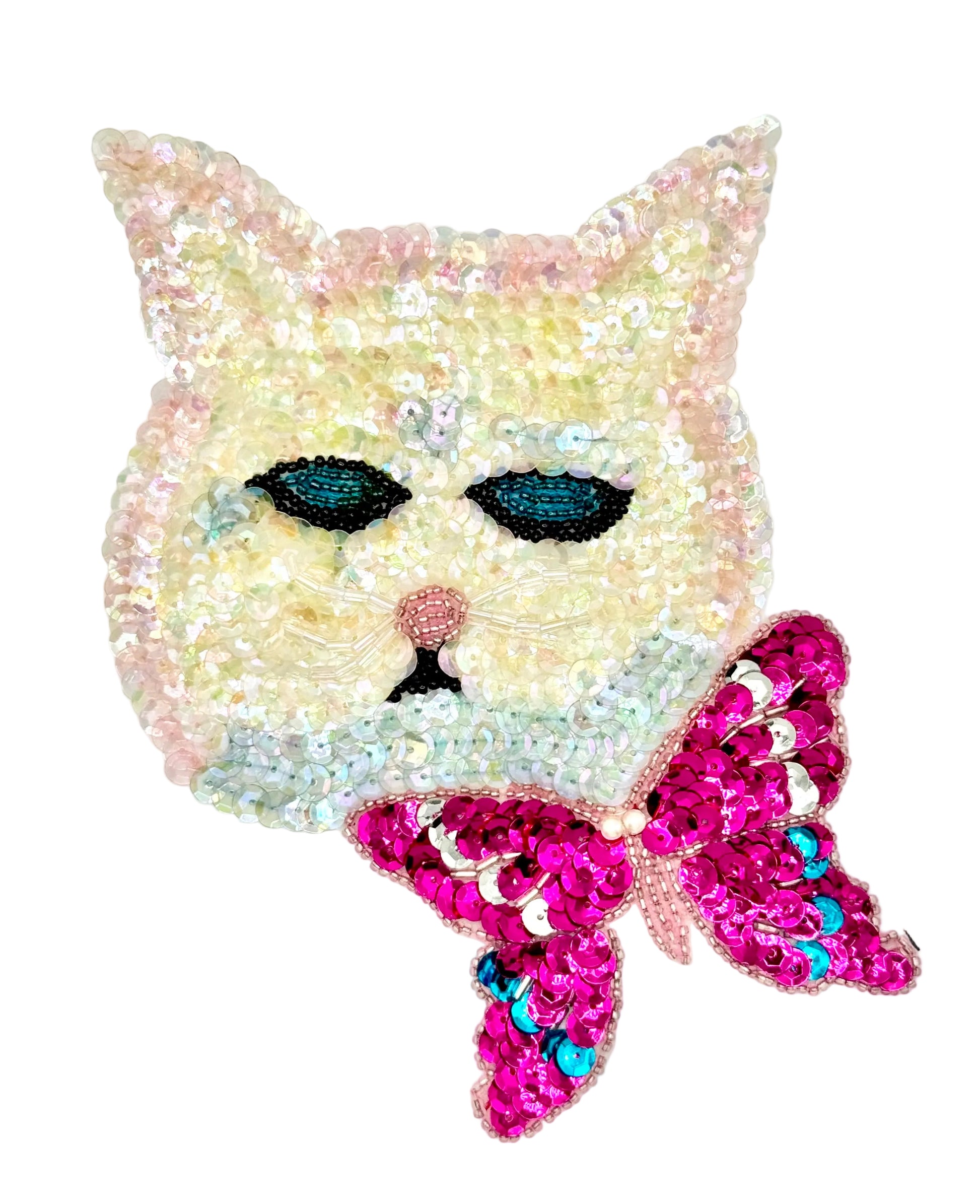 Sequin and bead cat patch with a sequin and bead butterfly on a white background