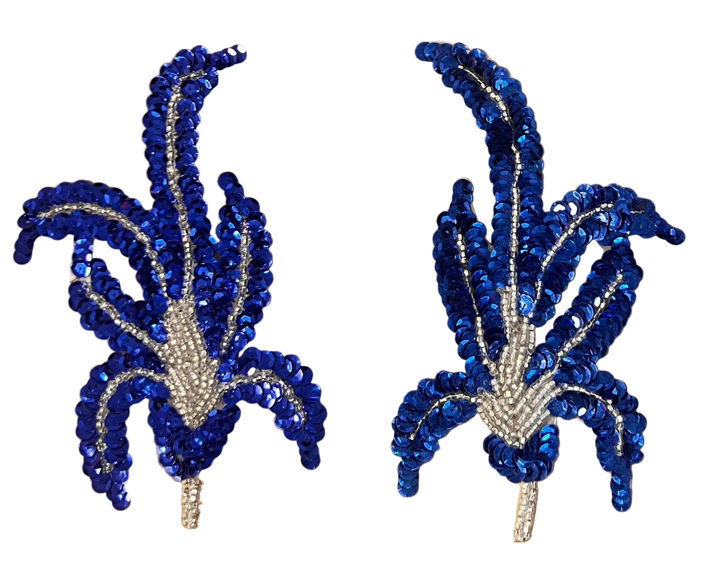 Leaf - Choice of Single or Pair - Royal Blue Sequins and Silver Beads 6" x 3"