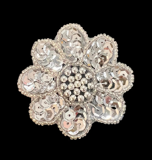 Silver Flower Sequin and Beads 2.5"
