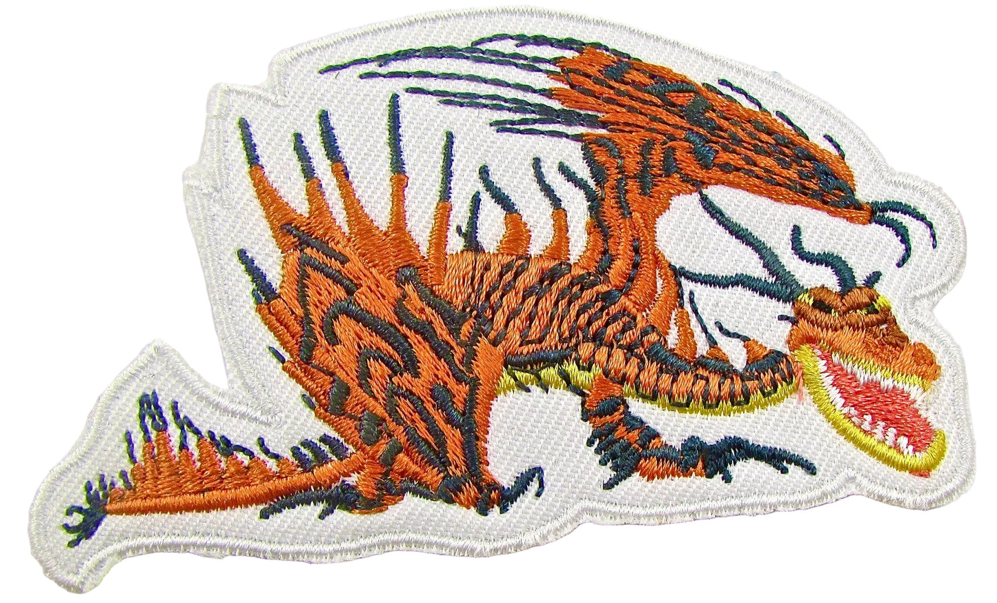 Embroidered dragon patch with orange, black, and blue colors on a white background
