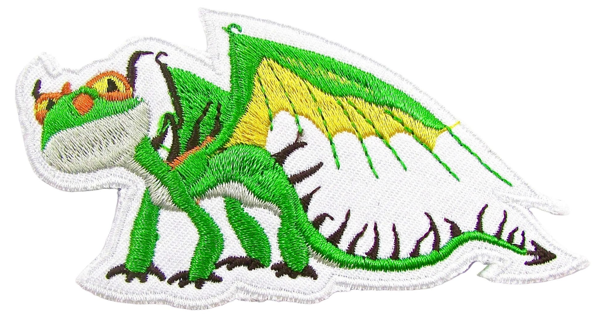 Embroidered patch of a green dragon with a white border