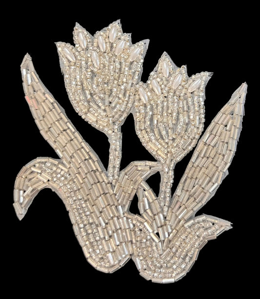 Tulips with Pearls and Silver Beads 4.5" x 4"