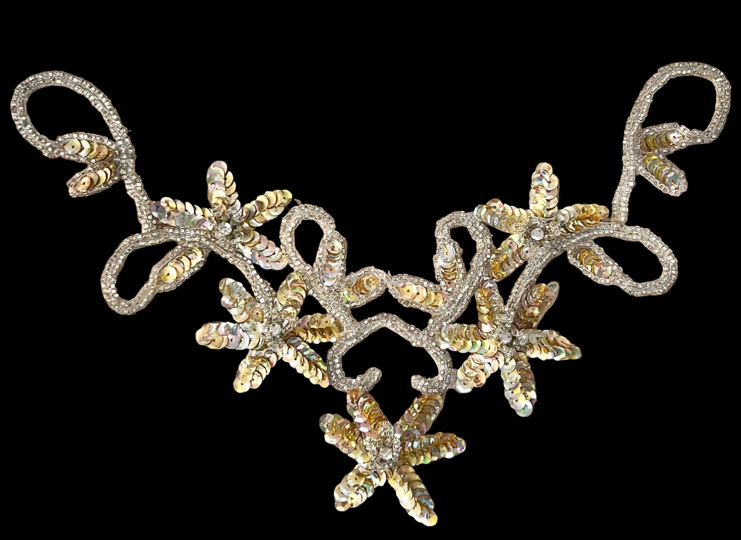 Flower Neckline with Gold Sequins and Silver Beads and Rhinestones 5" x 10"