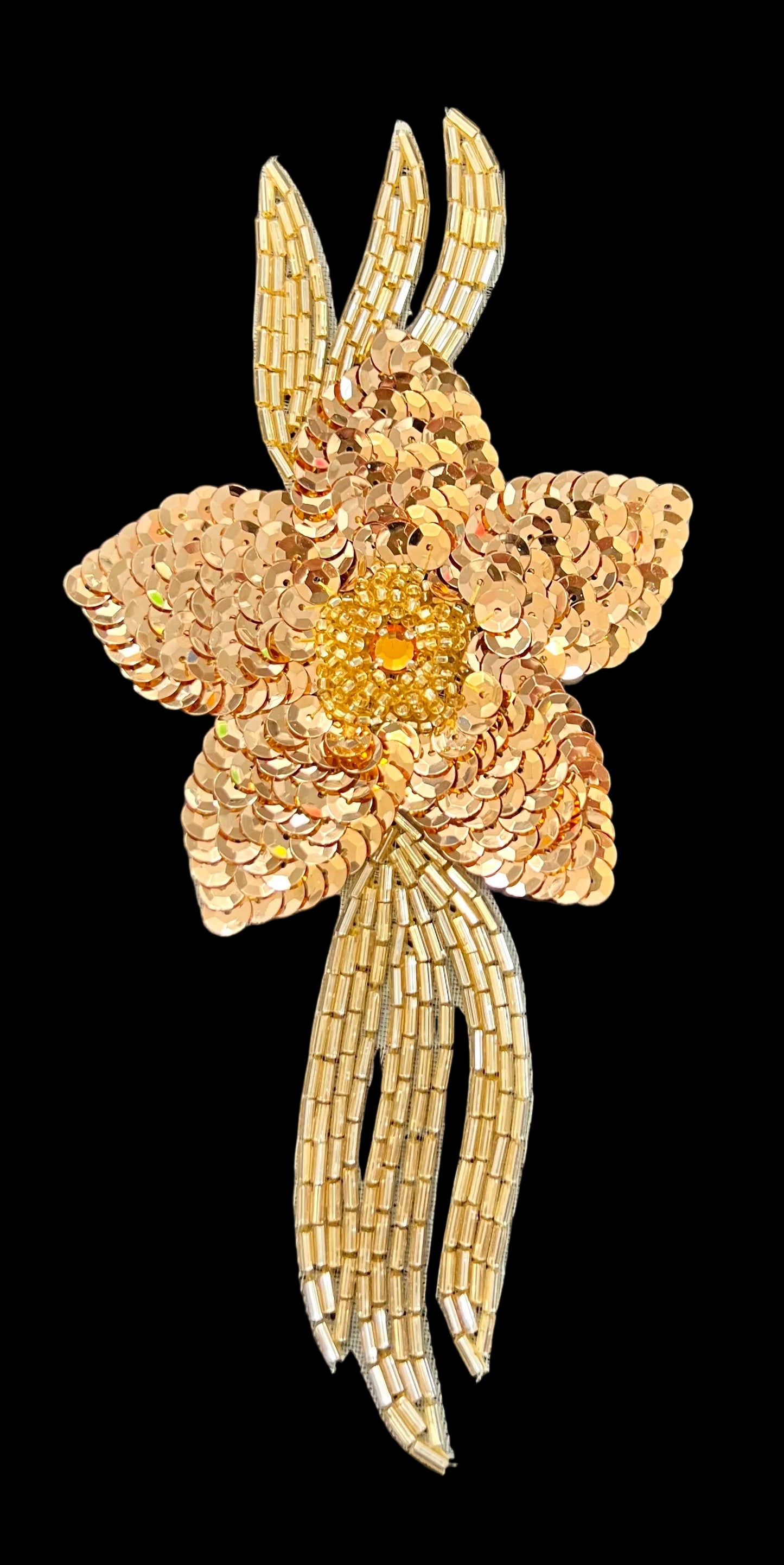 Flower with Gold Sequins Long Gold Beaded Leaf with Gold Rhinestone 7" x 3"