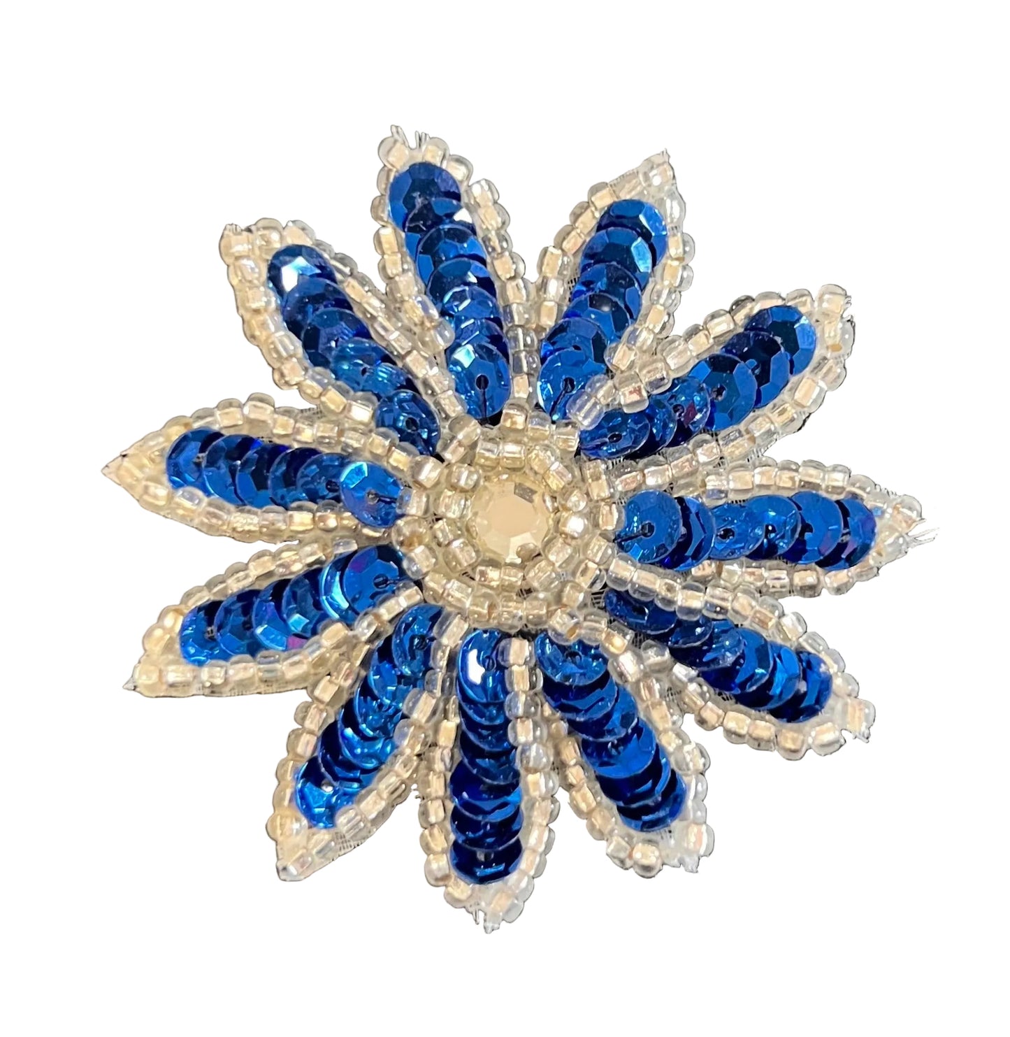 Flower Blue Sequins with Silver Trim and Rhinestone 2"