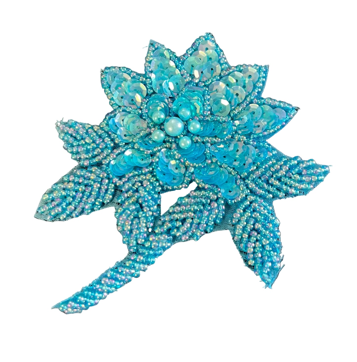 Flor con Lentejuelas Color Verde Azulado y Lentejuelas y Cuentas Aguamarina Claro 4" x 3.5"