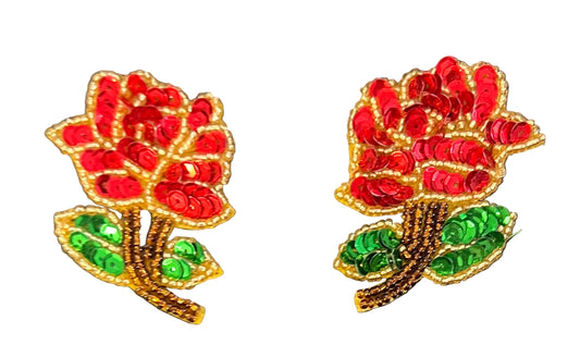 Red Rose Pair Sequin and Beaded Rose 2" x 1.5"