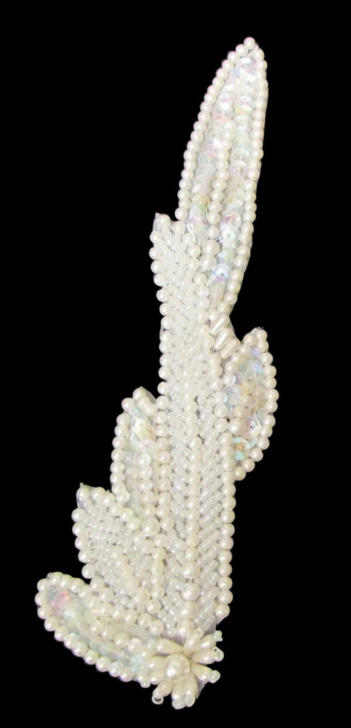 Leaf with White Beads, Iridescent Sequins and Pearls 6.5" x 2" Each - Choice of Pair or Single