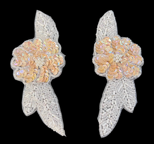 Par de flores con lentejuelas beige y perlas blancas 5,7 cm x 15,2 cm