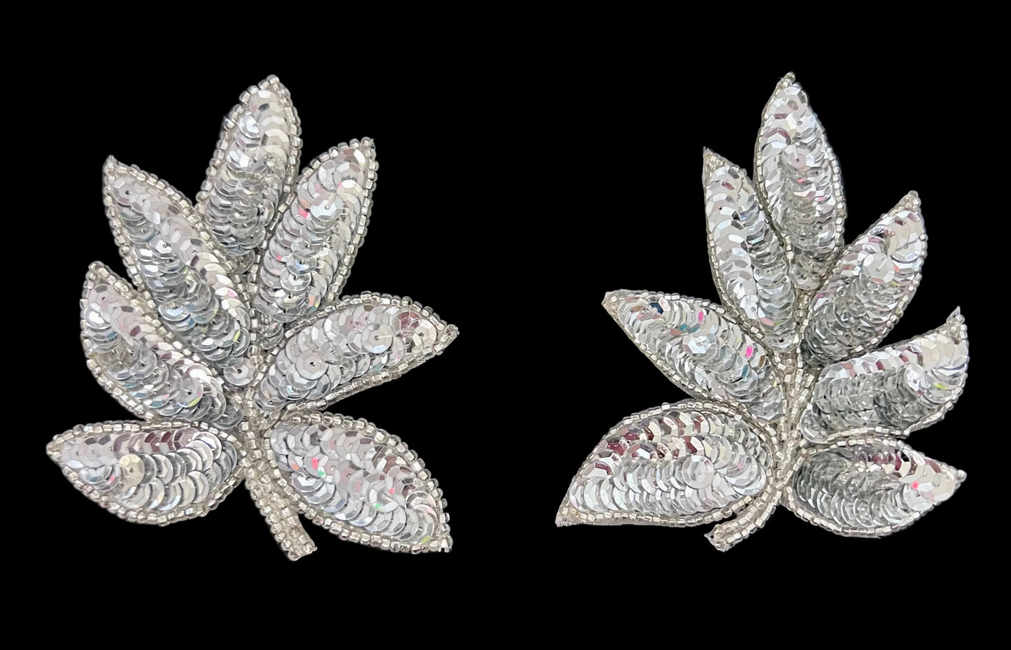 Leaf - Choice of Pairs or Singles - Silver Sequins - Silver Beads 4" x 3.25”