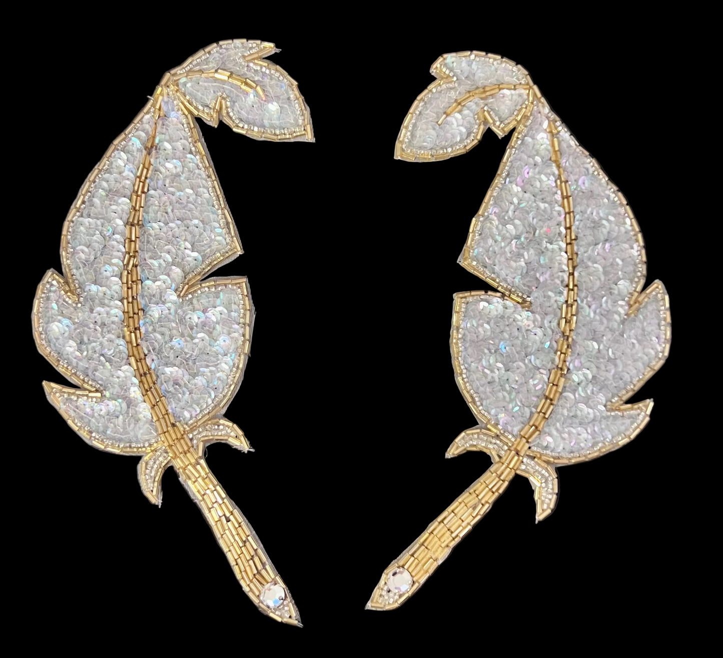 Leaf Pair - Iridescent Sequins - Gold Beads - Large Rhinestone 8" x 4.5”
