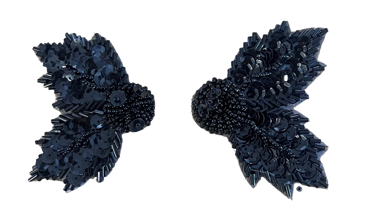 Flower Pair - Black Sequin - Black Bead 3” x 2.5”