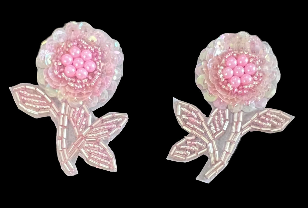 Flower Choice of Pair or Single - Pink Sequins - Pink Beads 2.75" x 2"