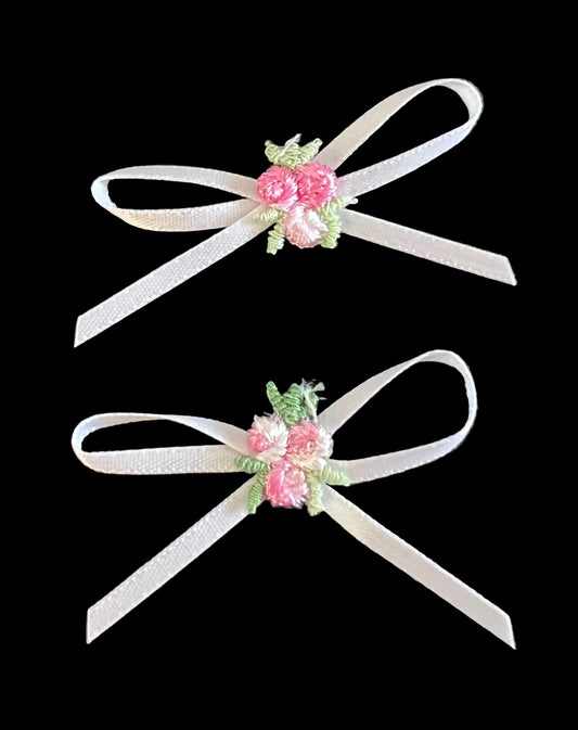 Flower - Set of Two Pink Embroidered - White Satin Ribbon Bow 2" x 1.5”