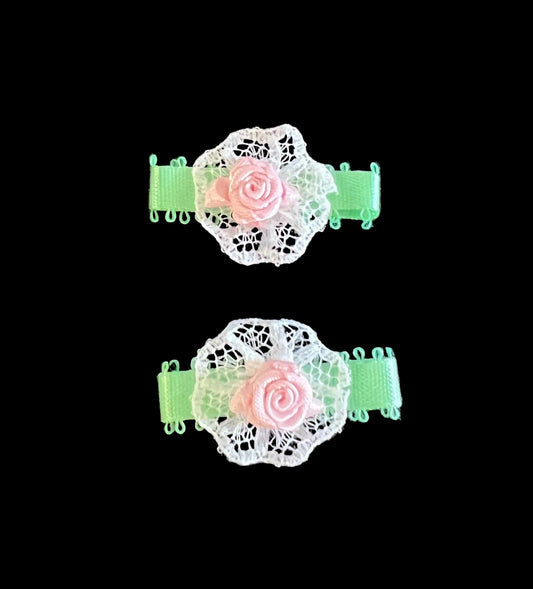 Flower - Set of 2 Embroidered Pink Satin- Green Satin Ribbon 1.5” x 1”