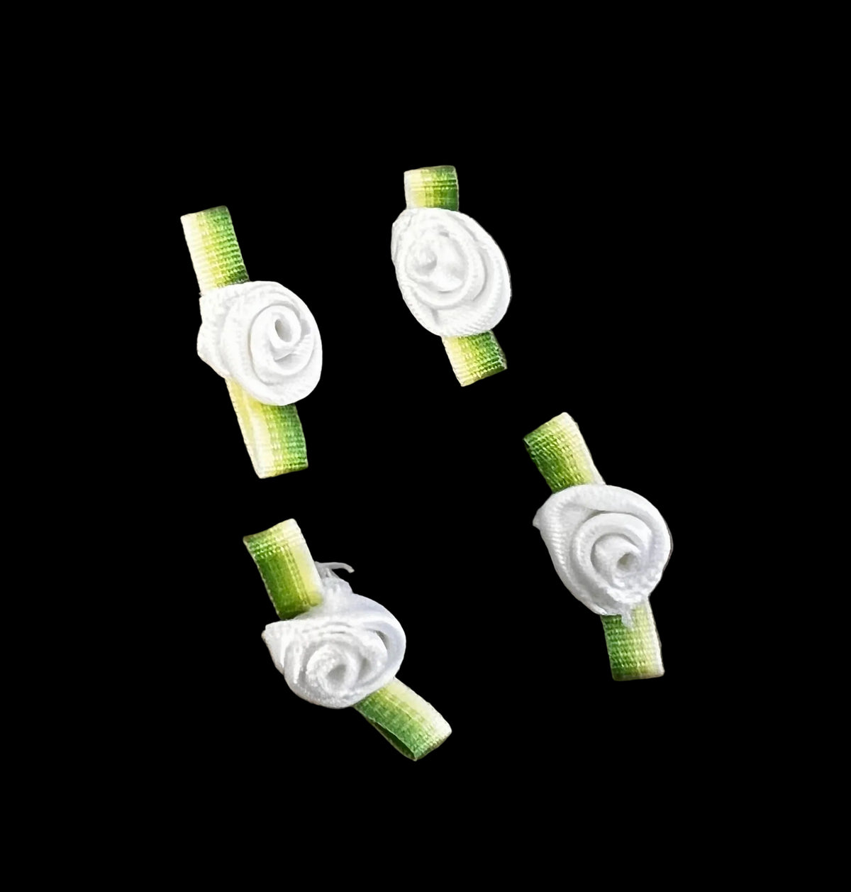 Flower - Set of 4 White Satin Flowers - Green Trim 1"