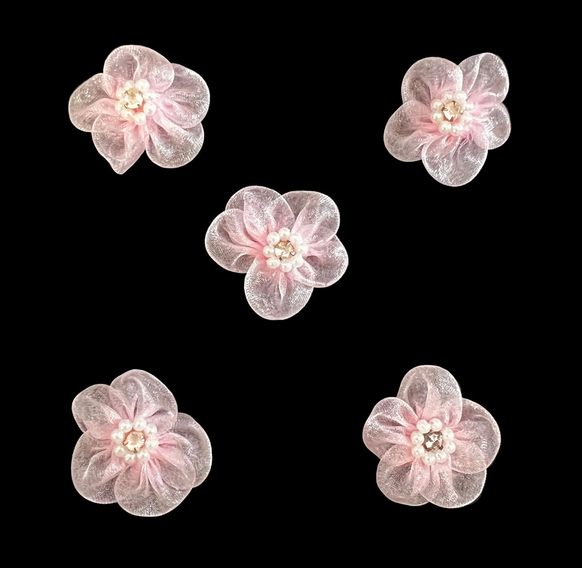 Flower - Set of 5 Pink Organza - White Pearl Rhinestone Center 1.25”