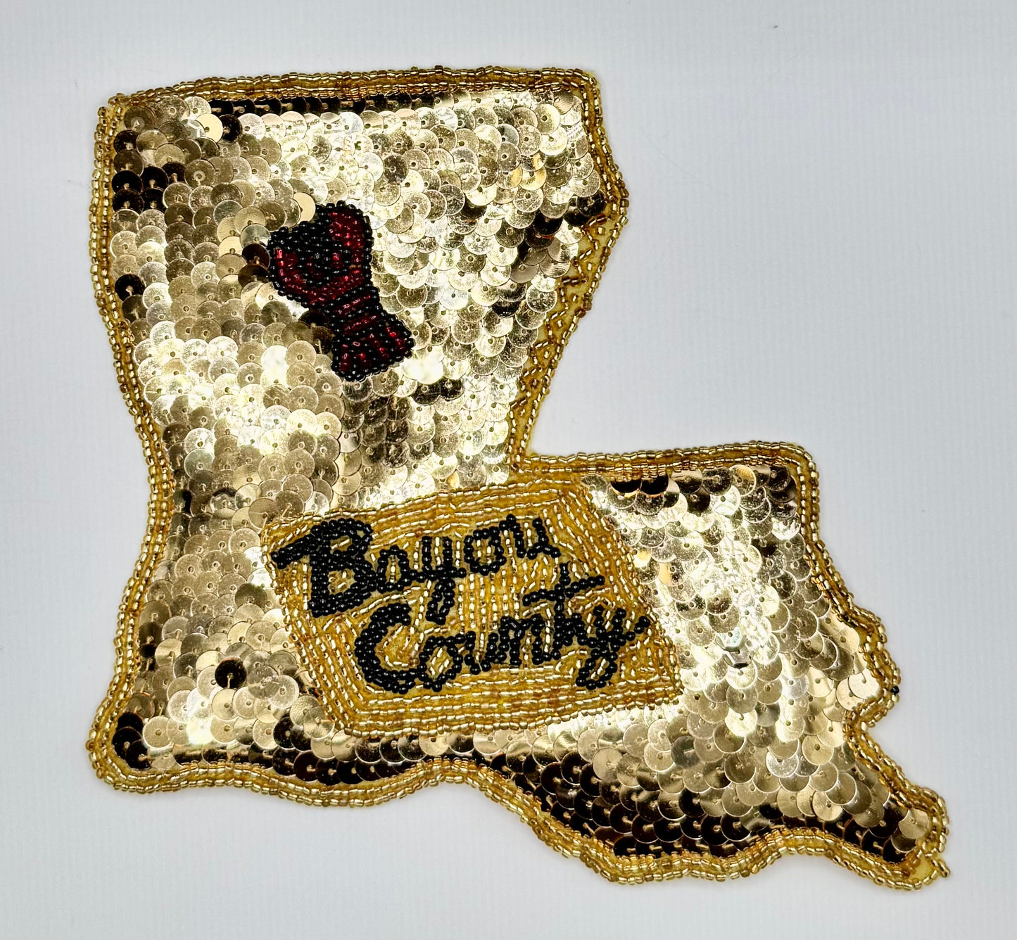 Louisiana State Shape Bayou Country Gold Black Sequins 7" x 6.25"