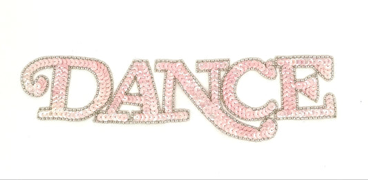 Aplique con la palabra "Dance" Rosa y Blanco Lentejuelas Teñidas Ribete de Cuentas Plateadas 10.5" X 2.5"
