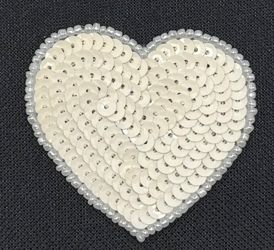 Heart with White/Off White Sequins and Beads 2.5" x 2.25"
