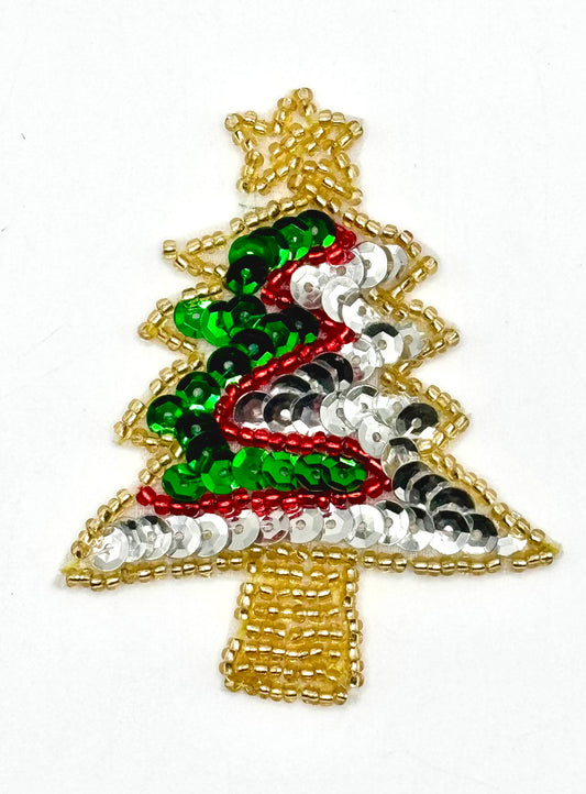 Christmas Tree with Green and Silver Sequins and Gold and Red Beads 2.25" x 2.75"