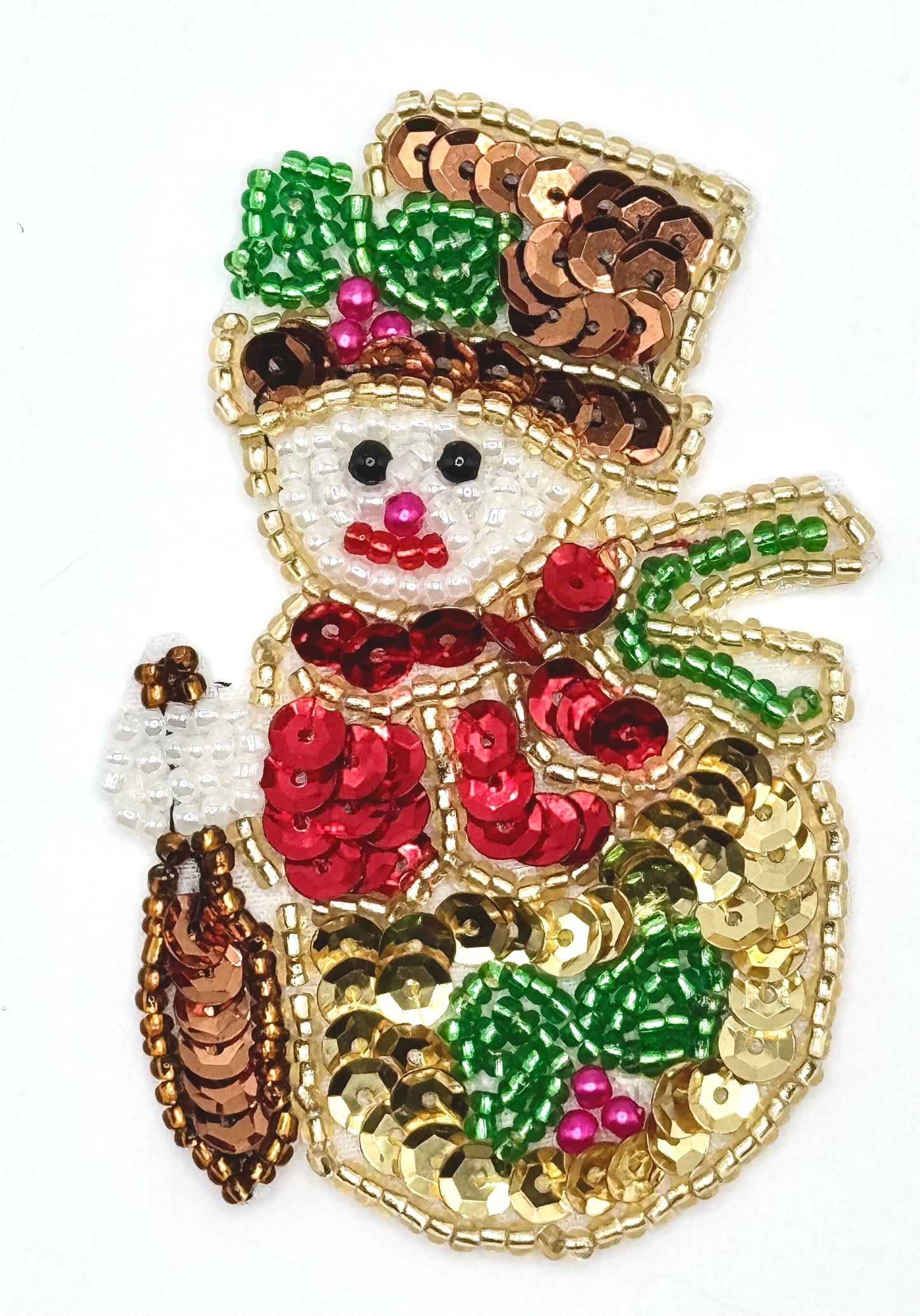 Muñeco de nieve dorado con sombrero y bufanda de 3" x 2"