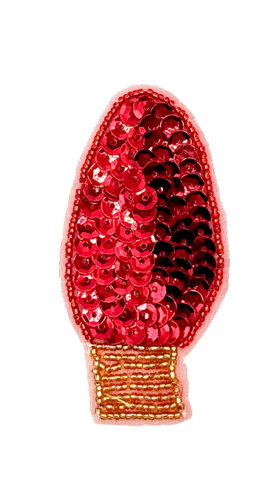 Christmas Light Bulb Appliqué with Red Sequins and Gold and Red Beads 3" x 1.25"