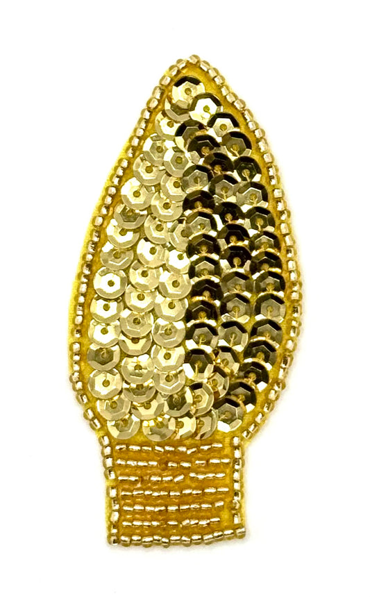 Christmas Light Bulb Appliqué with Gold Sequins and Gold Beads 3" x 1.25"