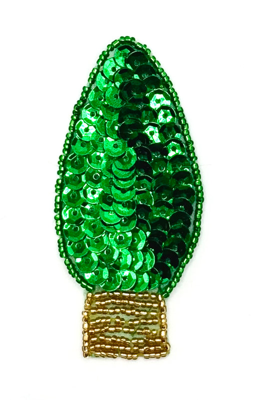 Christmas Light Bulb Appliqué with Green Sequins and Gold and Green Beads 3" x 1.25"