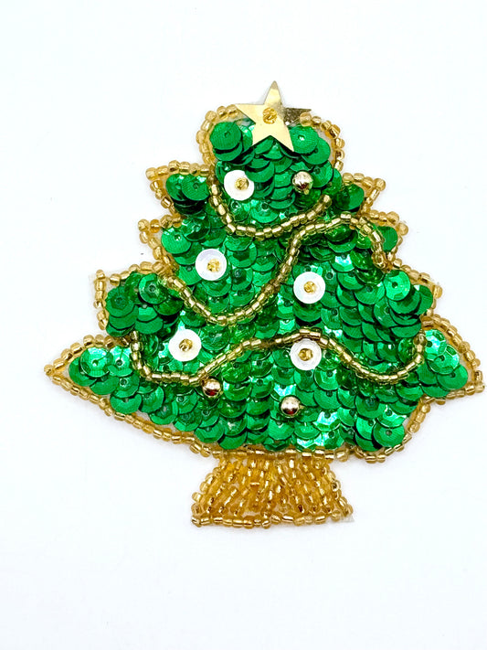 Handmade Xmas Tree with Greeen Sequins and Gold Trim 3" x 2.5"