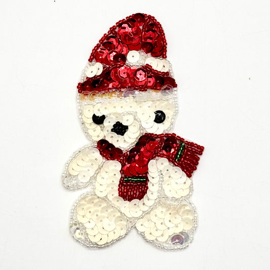Handmade Winter Teddy Bear White and Red Sequins 5" x 3"