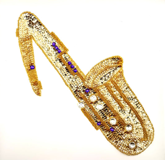 Handmade Saxophone Appliqué: Gold Sequins, Gemstones, Beads (16" x 7.5")