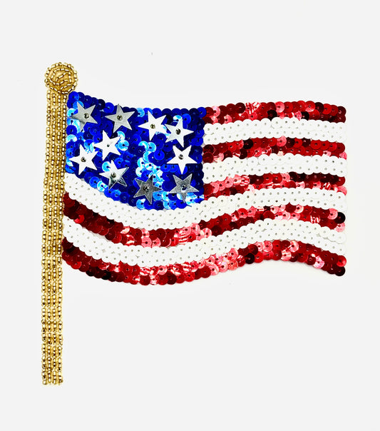 Red, White and Blue Handmade Flag American with Sequins and Beads 6" x 5"