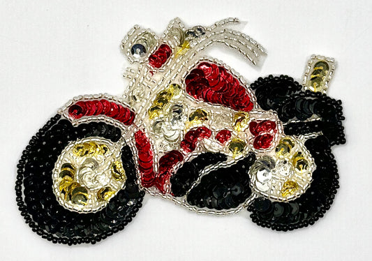 Handmade Motorcycle Appliqué with  Red, Black, Gold and Silver Sequins and Beads 4.5" x 3.25"