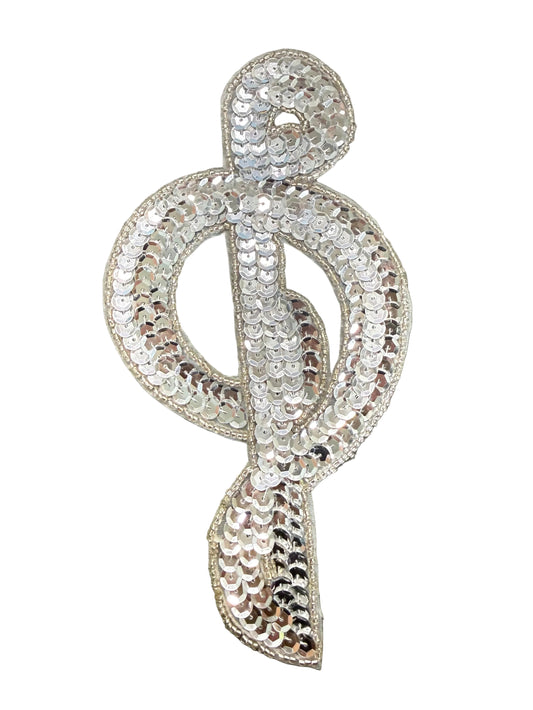 Treble Clef Appliqué - Silver Sequins Glass Beads 7.25" x 4"