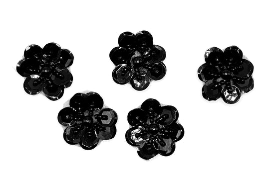 Set of 5 Handmade Flower Appliques with Black Sequins and Beads 1"