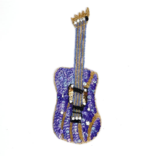 Handmade Guitar Appliqué with Purple Sequins and Beads 8.5" x 3"