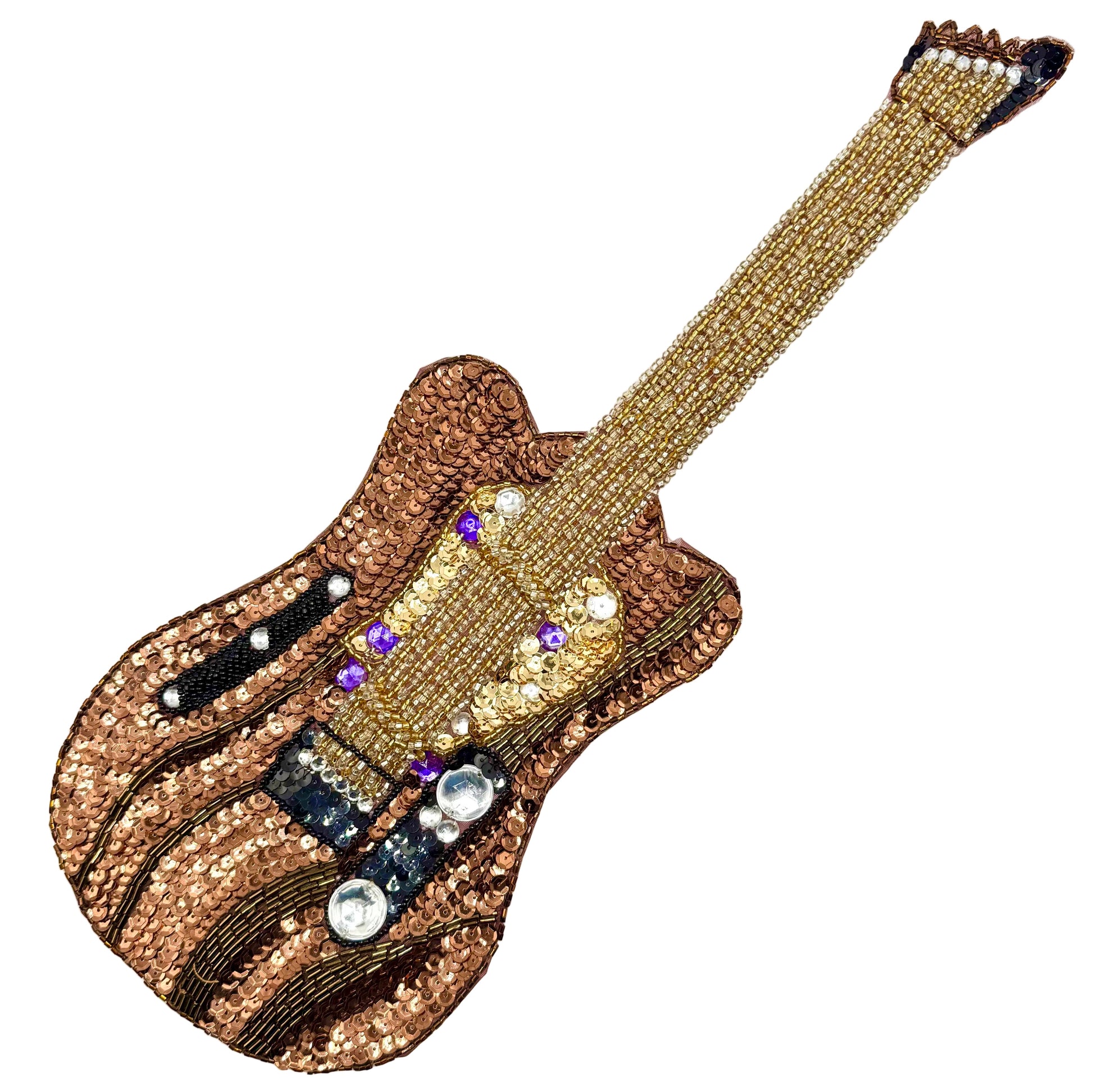Decorative guitar-shaped patch with sequins, rhinestones and beads on a white background
