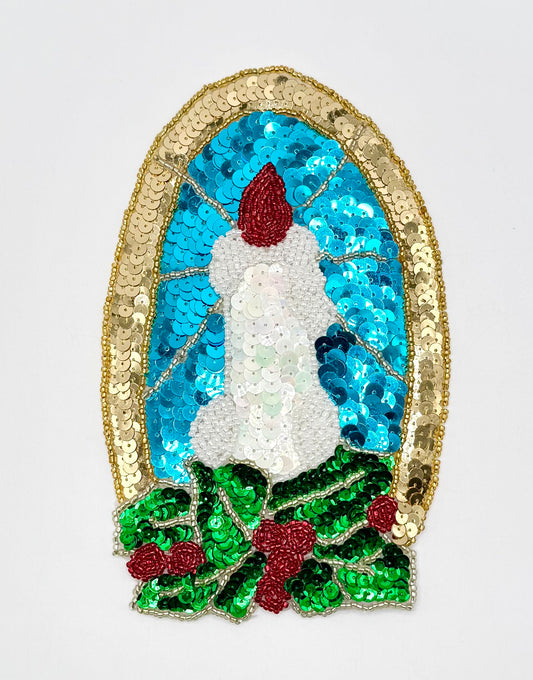 Handmade Sequin and Bead Christmas Candle Appliqué with Blue Stained Glass 7.5" X 5"