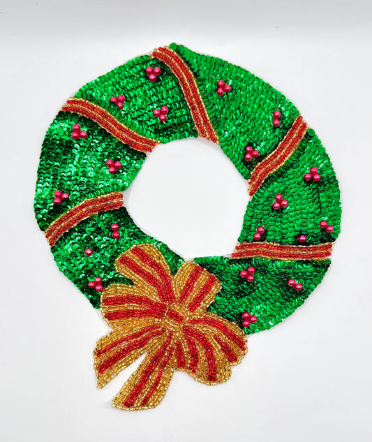 Large Handmade Sequin and Beaded Christmas Wreath Applique 11.5" x 9.5"