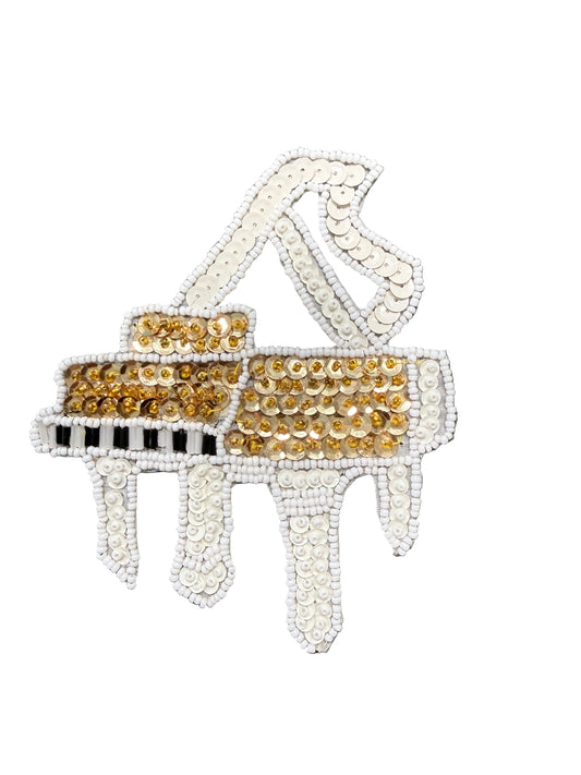 Piano con lentejuelas y cuentas en relieve blancas y doradas de 13,3 cm x 12,7 cm
