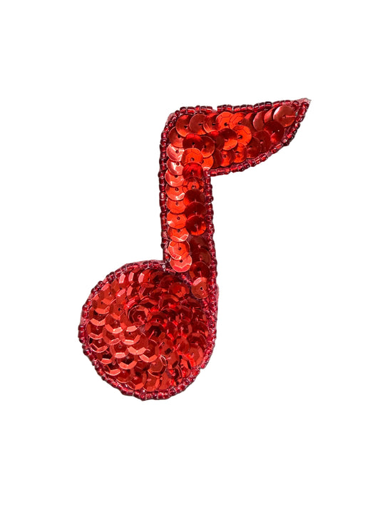 Musical Single Note Appliqué  - Red Sequins - Glass Beads 3.5" x 2.5"
