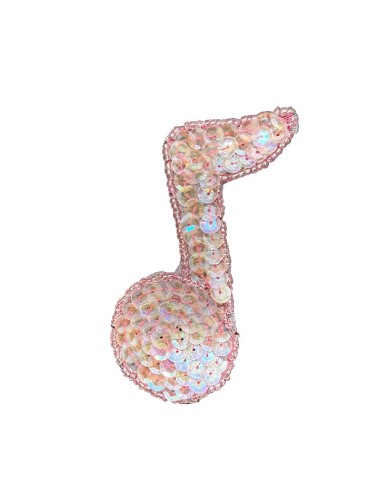 Musical Single Note Appliqué -Iridescent Pink Sequins - Glass Beads  3.5" x 2.5"