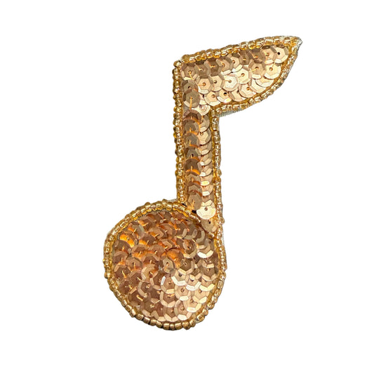 Musical Single Note Appliqué - Gold Sequins - Glass Beads 3.5" x 2.5"